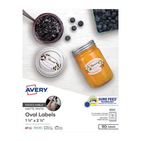 Avery Dennison Avery, WHITE DISSOLVABLE LABELS W/ SURE FEED, 1 1/2 X 2 1/2, OVAL, WHITE, 90PK 4223